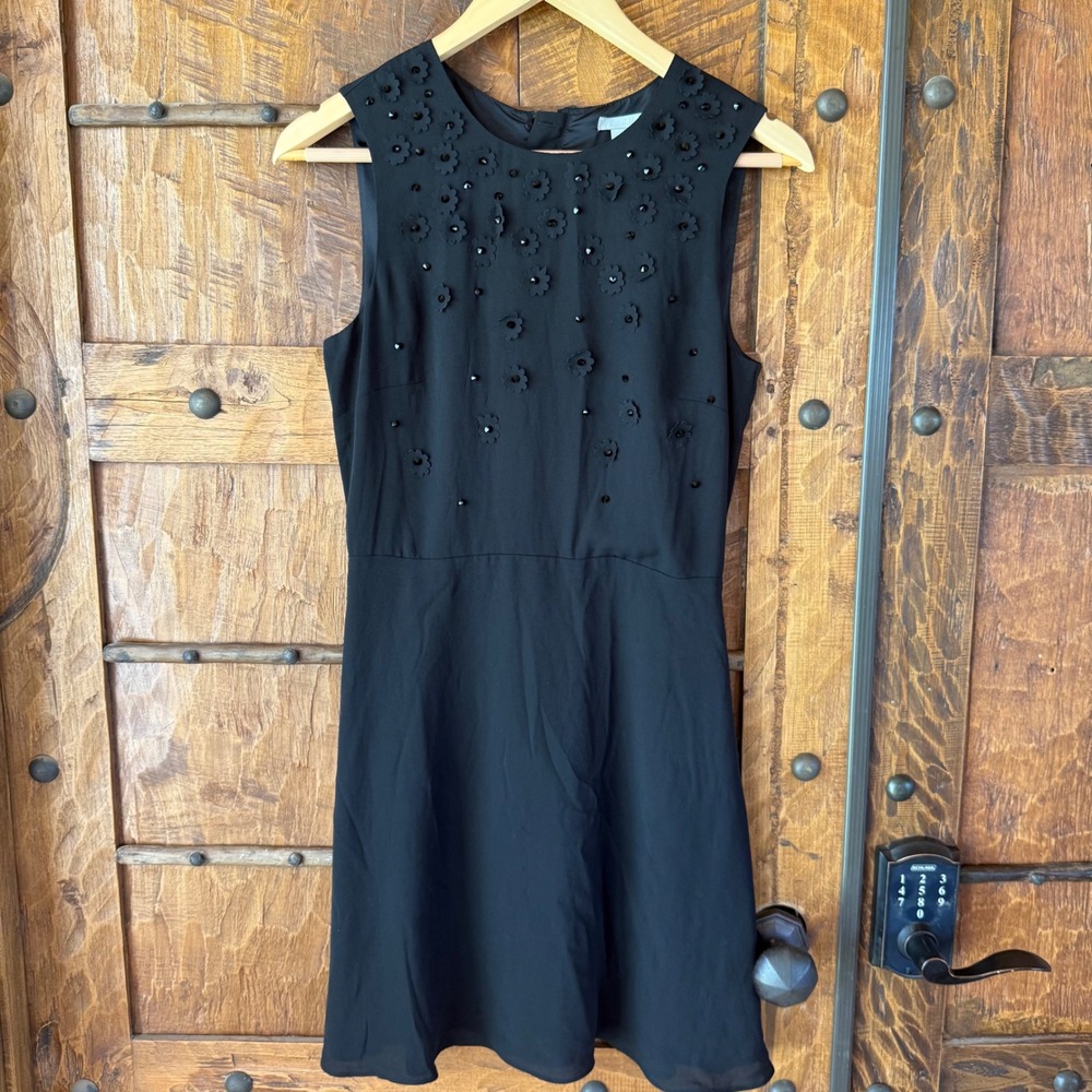 H&M Mini Dress Women 6 Black 3D Floral Applique Studded Sleeveless Fit Flare LBD